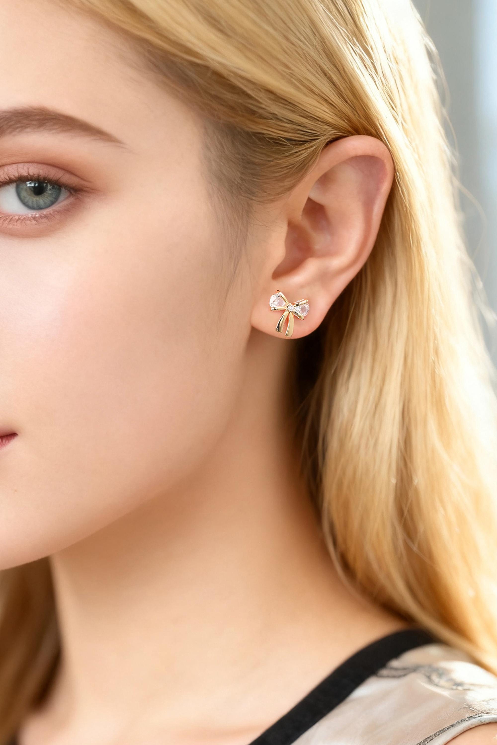 10pcs CZ Pave Gold/ Silver Bowknot Earrings, 18K Real Gold/ Rhodium plated Brass, Bow Knot Stud Earring (GB-139-F)